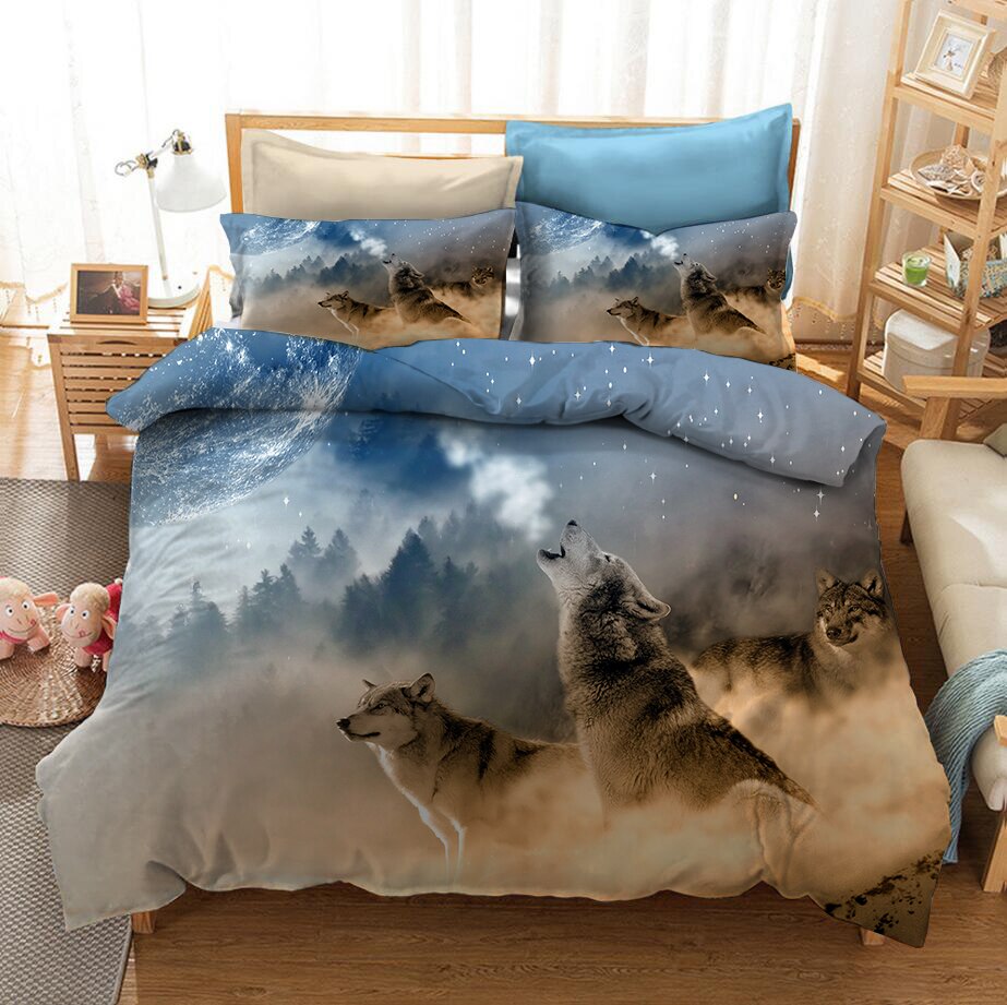 Animaux 3D loup lune ensemble de literie literie personnalisée housse de couette couette et taie d'oreiller couverture de lit Textile à la maison