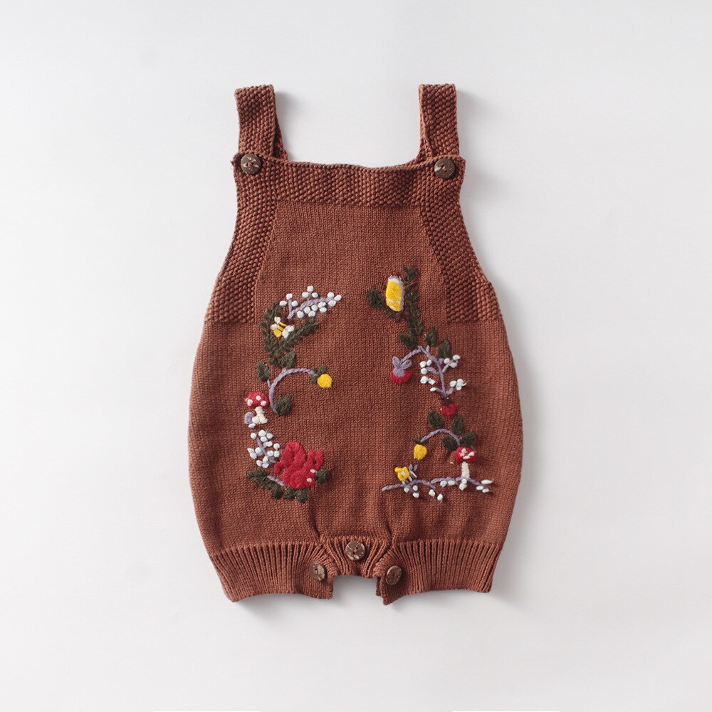 Neonate pagliaccetti lavorati a maglia neonati vestiti per bambina neonato ricamo floreale tutina tuta per bambini tute bambino un pezzo: Brown / 24M