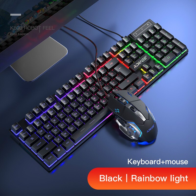 Gaming keyboard and Mouse Combos Wired Kit 104 Keycaps With RGB Backlight English keyboard Gamer Ergonomic Mause For PC Gamer: Black  Rainbow light