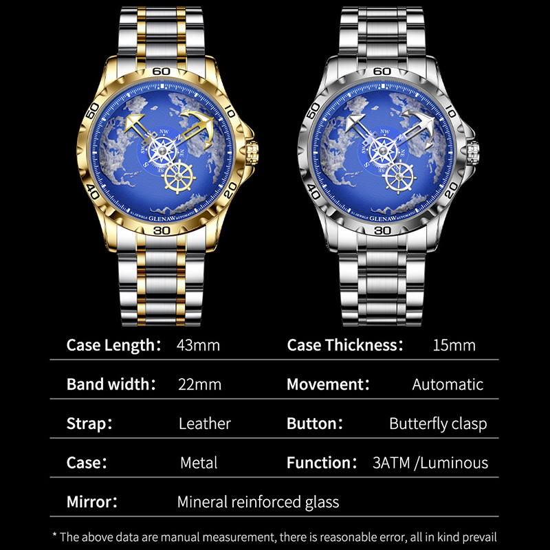 GLENAW Heren Horloges Nautische Serie Reiziger Roestvrij Staal Gloeiend Waterdicht Mechanisch Horloge Heren Klok GL8683