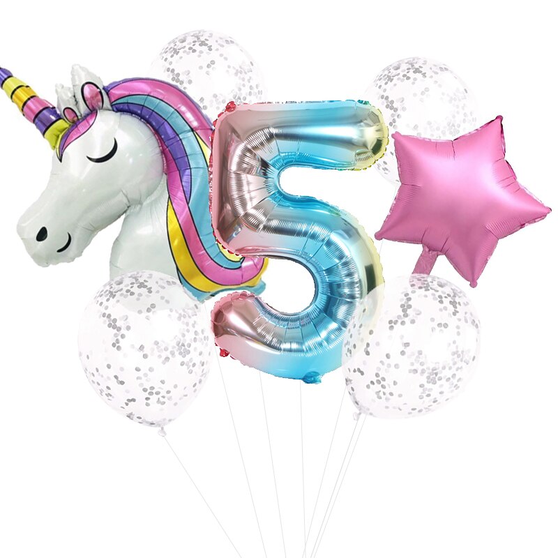 7 st regnbåge unicorn party ballonger unicorn födelsedagsdekoration nummer ballong barn födelsedagsfest dekoration för tjejer: 5 enhörning