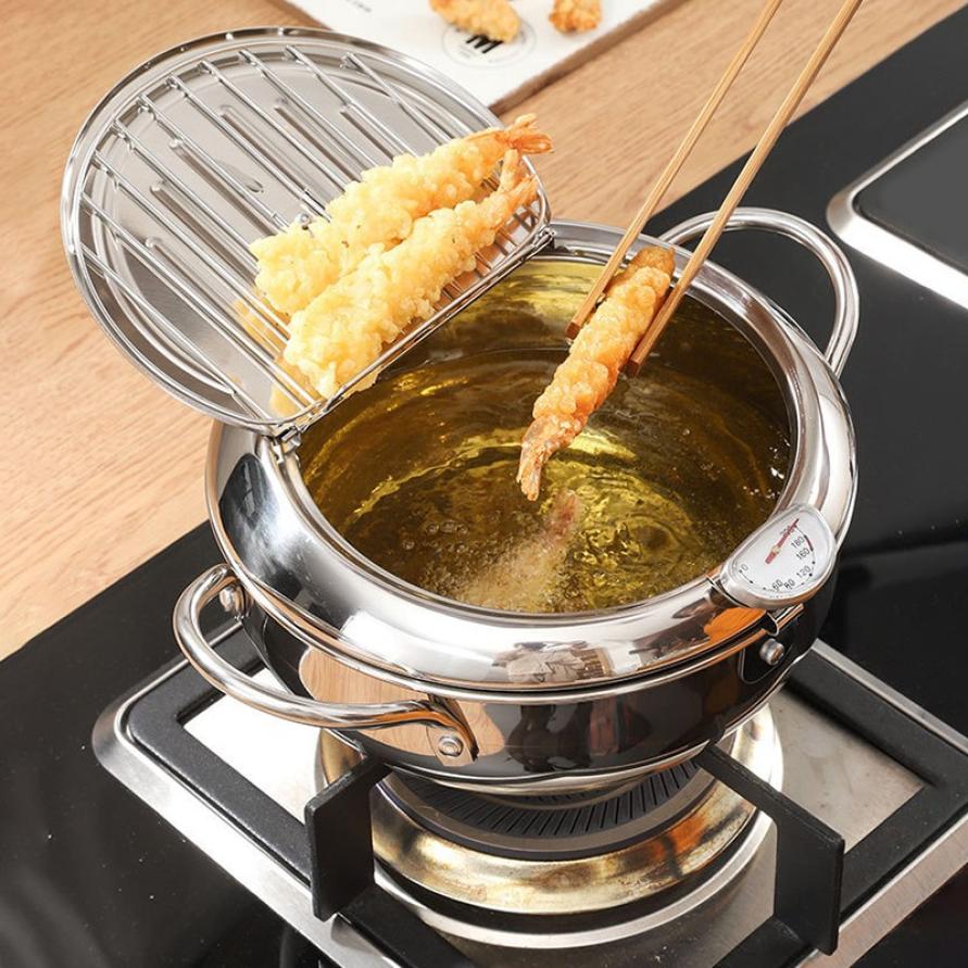 Kitchen Deep Frying Pot Stainless Steel Thermometre Tempura Fryer Pan Temperature Control Fried Chicken Pot Cooking Tools