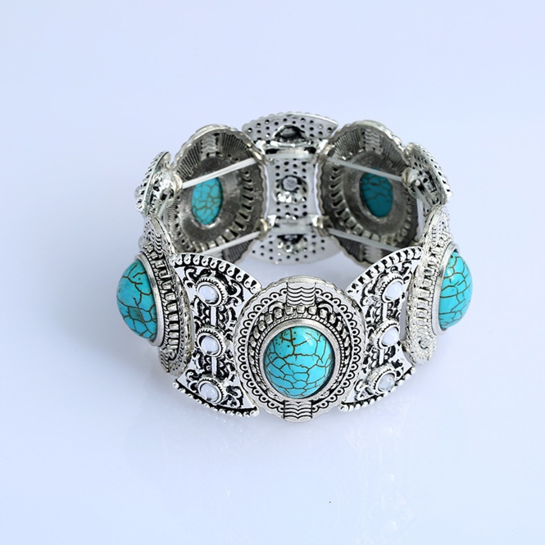 Etnische Stijl Boho Antieke Bangle Armband Voor Vrouwen Blauw Natuursteen Brede Band Manchet Armband Vintage Tibetaanse Sieraden