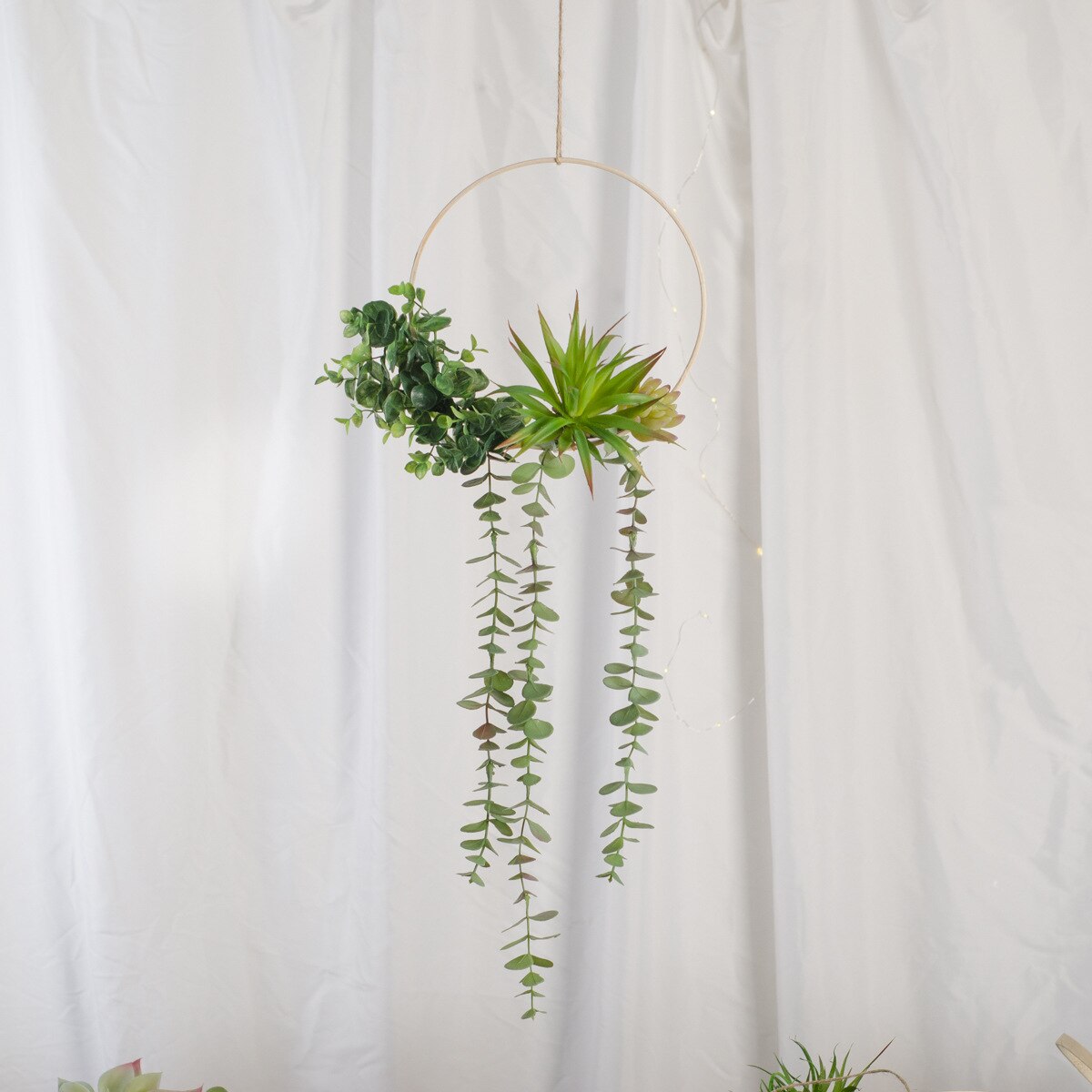 Cilected Artificial Succulent Hanging Plants Decor Wedding Wreath With Drooping Leaves Bamboo Hoop Garland For Wall Decoration: Color4