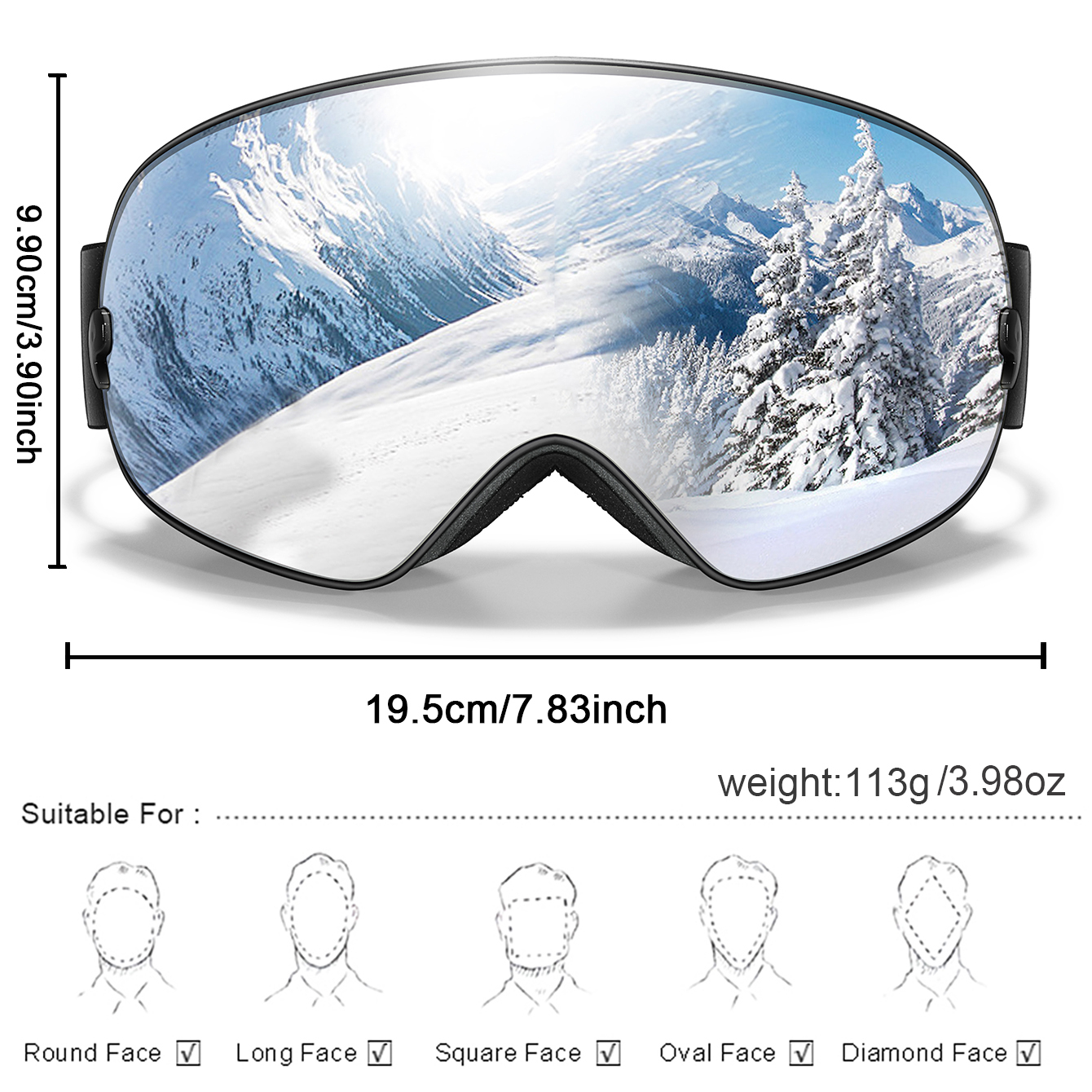 Winter Outdoor SKI Goggles Men And Women Teen, Free Optical Frame and Bag, UV400 Anti-Fog Snowboard Eyewear, Charistmas