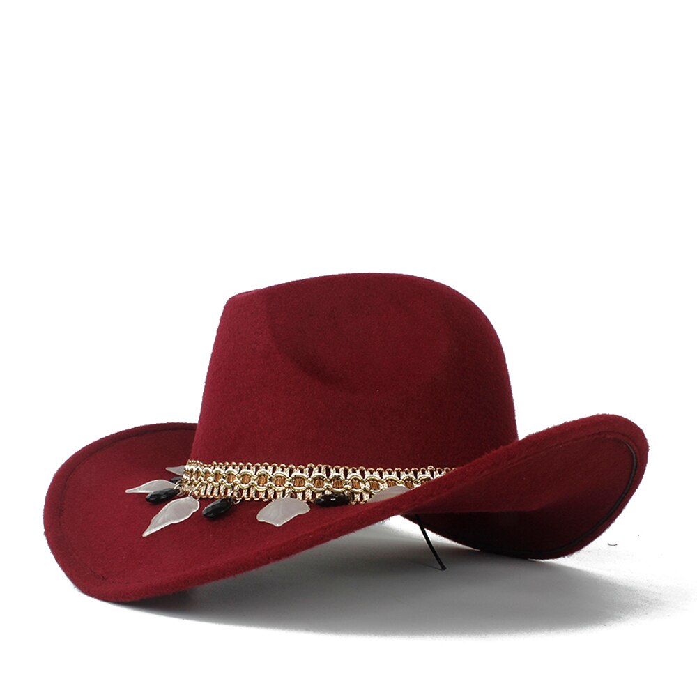 Kvinder uld hule vestlige cowboy hat dame tasseloutblack cowgirl sombrero hombre jazz cap: Rødvin