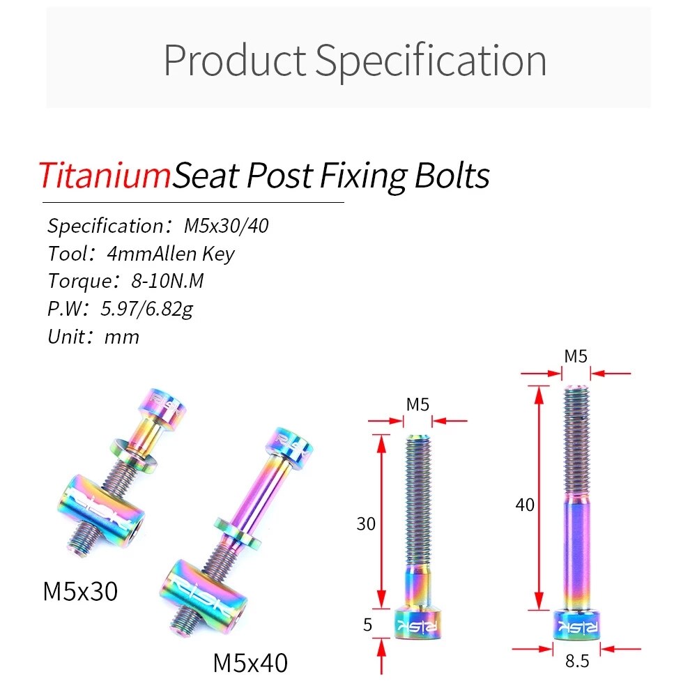 Parafusos e porcas de assento m5x30/40mm, liga de titânio para porcas e parafusos de bicicleta, 2 peças