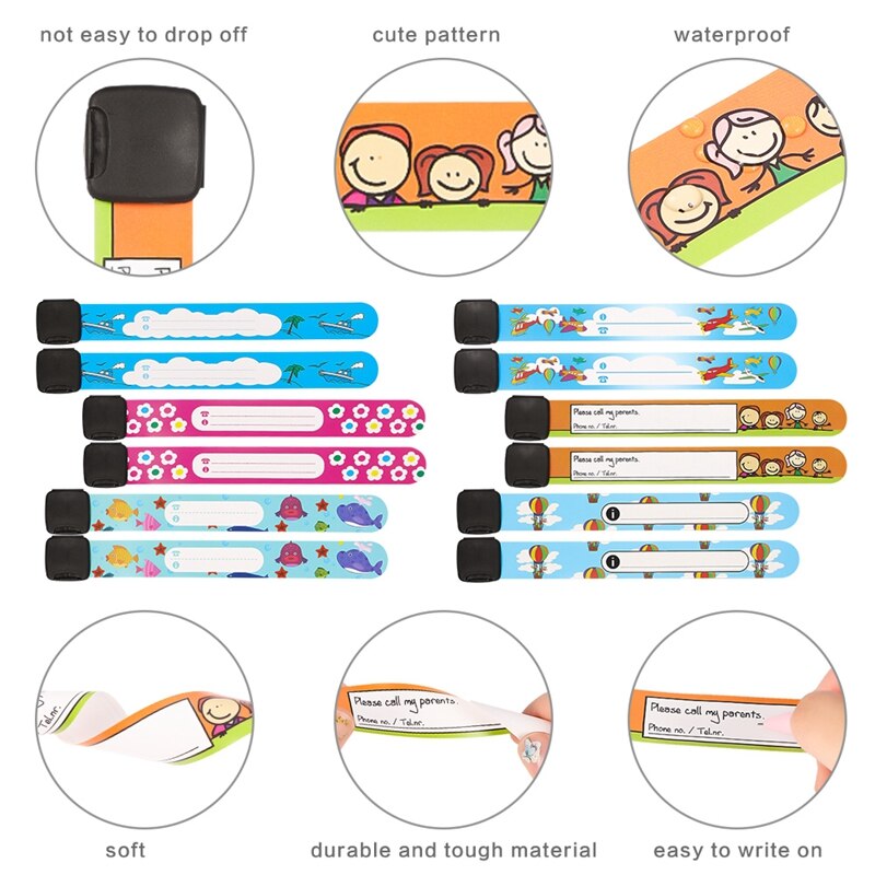 12Pcs/Set Children Travel Outdoor Safe Anti-lost Wristband Safety Recognition Bracelet For Kids Adjustable Waterproof