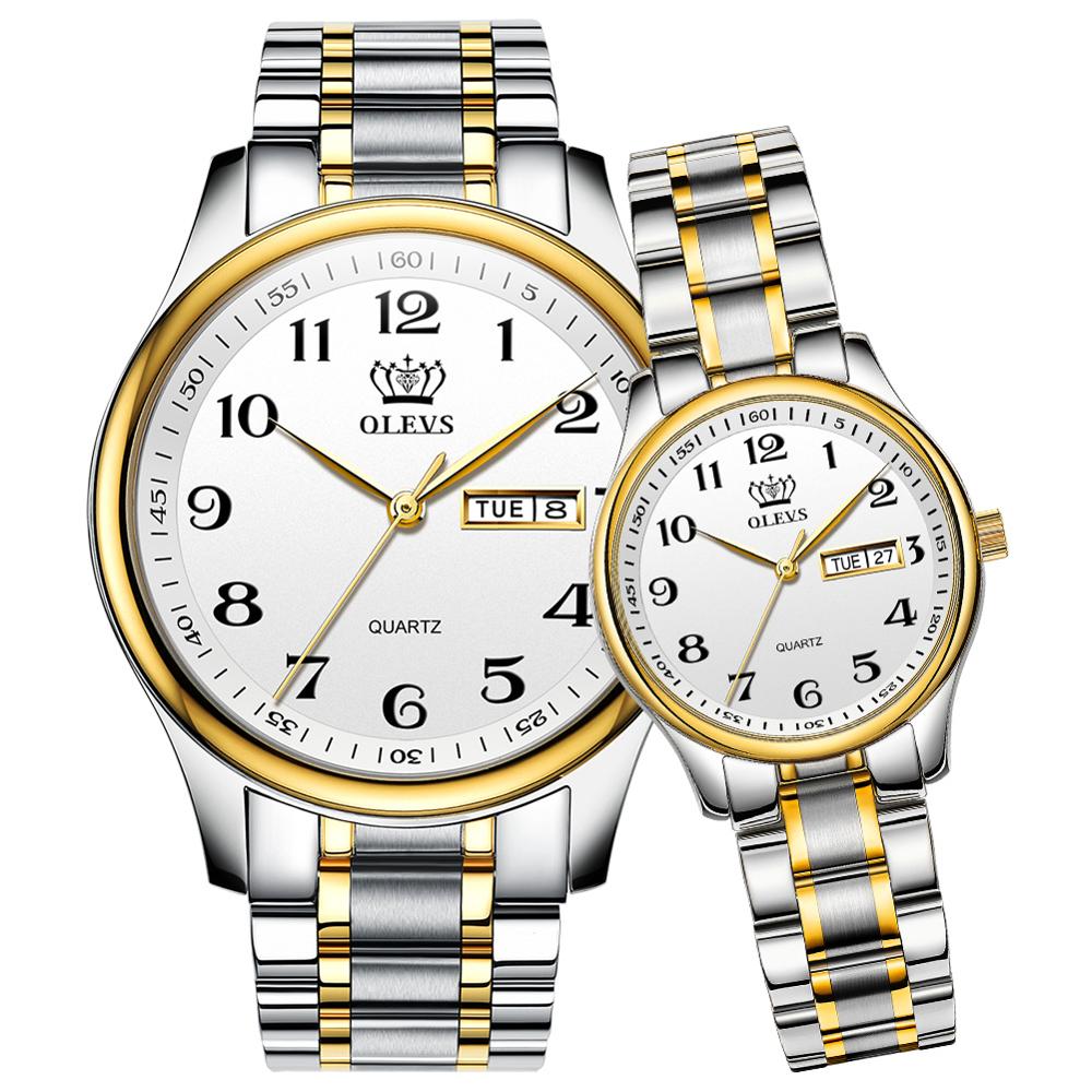 Olevs Koppels Horloges Waterdicht Roestvrij Stalen Band Zijn En Haar Reader Quartz Horloge Set Voor Liefhebbers Een Paar: Two Tone Band