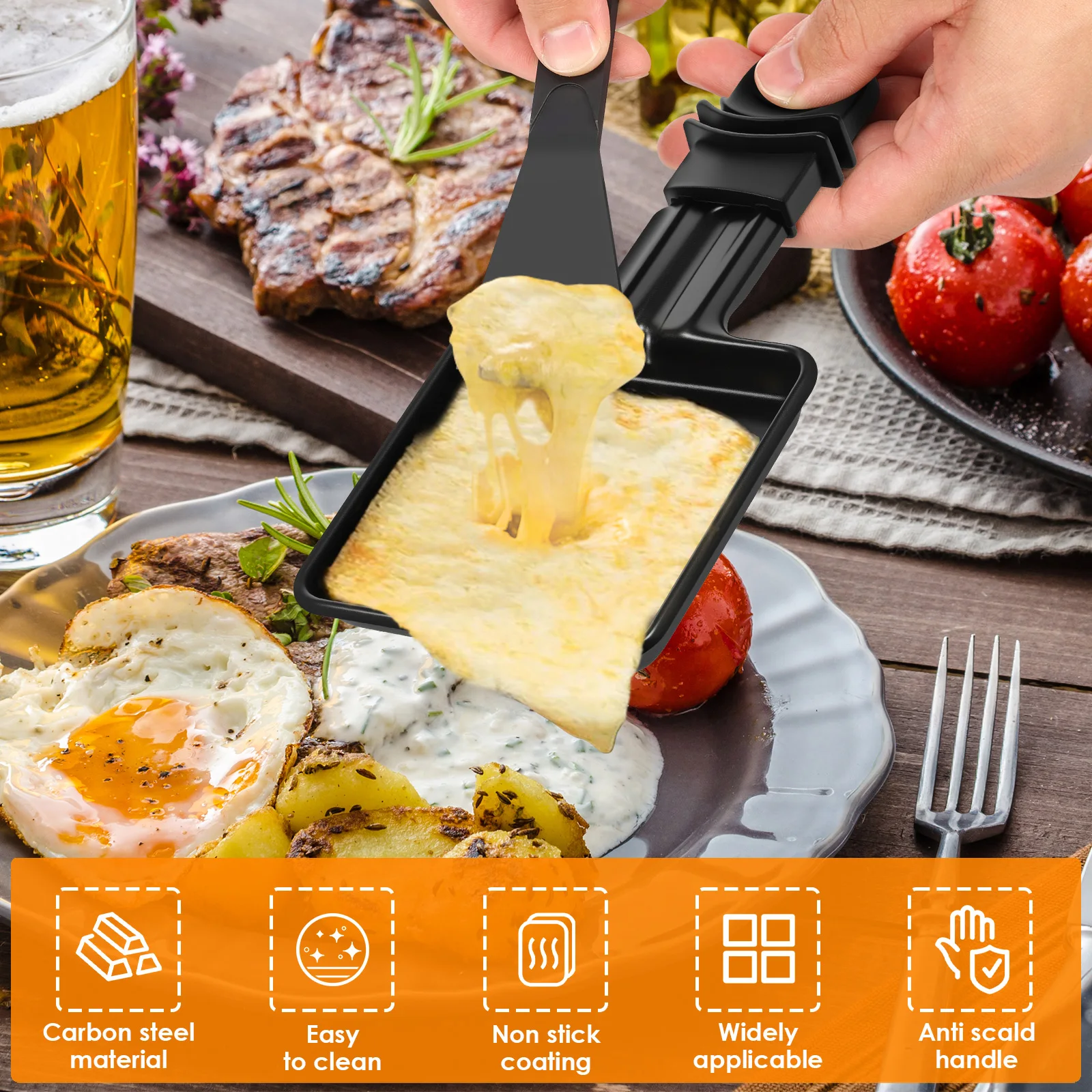 Mini sartenes para parrilla de Raclette de forma cuadrada, sartén para derretir queso con mango, sartenes antiadherentes de acero inoxidable para barbacoa, sartén para derretir queso y huevos, 4 Uds.