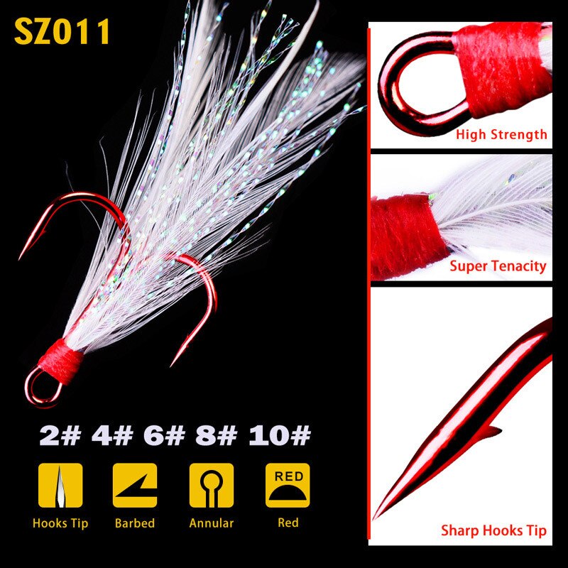 Fishing Hook 5pcs/lot High Carbon Steel Treble Hooks Fishing Jig Head Fishing Hook with Feather Fishing Tackle Fishing Lure: 2 / 10