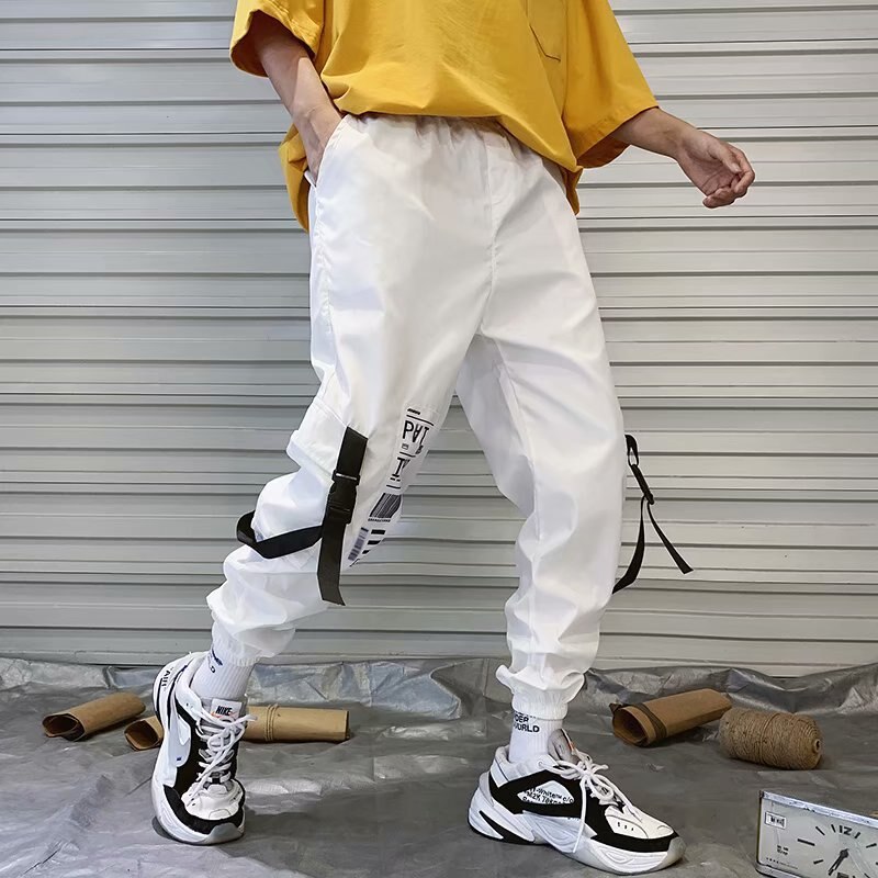 Ribbons pantalones Harem para hombre, pantalones elásticos de cintura para hombre, pantalones de Hip Hop para ocio, novedad de , pantalones casuales de de verano para hombres: Chinese Size M / Blanco