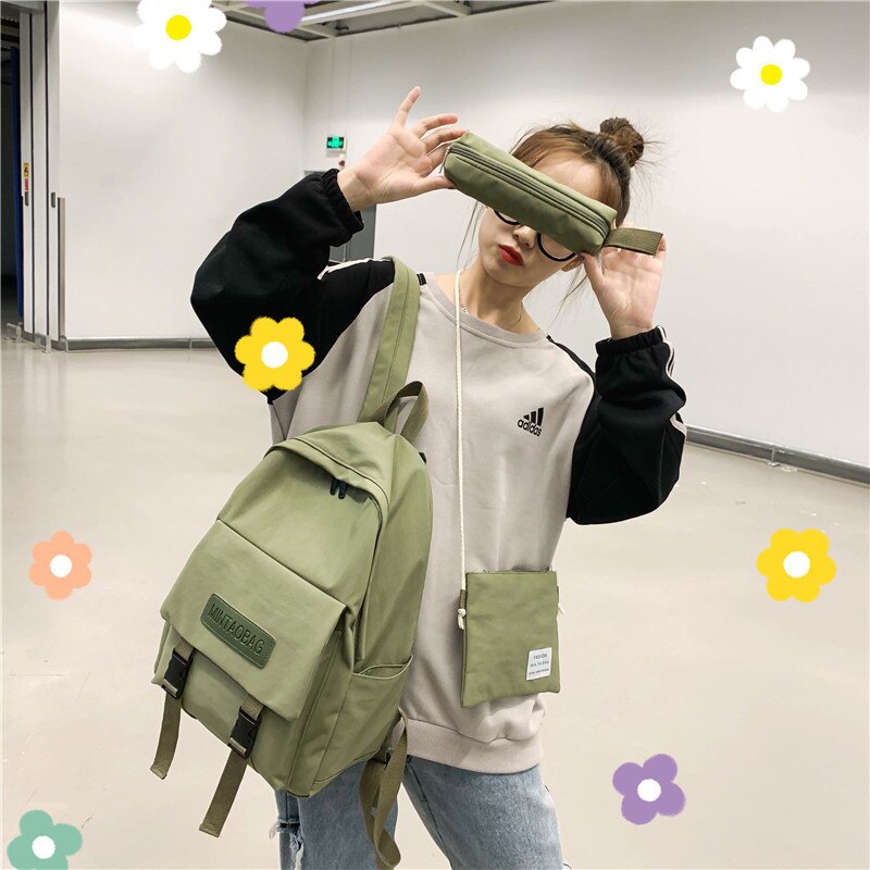 3set Solid Color School Bags Casual Women Backpack Shoulder Bag School Bags For Teenager Girl Mochilas Female Backpack