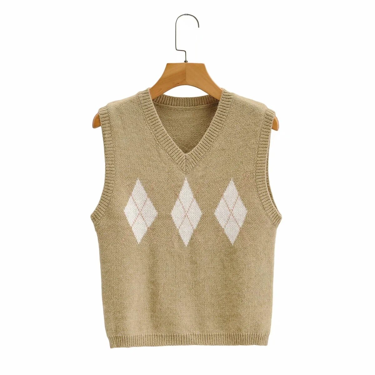 Preppy stil geometrisk plaid strikket vest sweater kvinder efterår vinter v-hals ærmeløs pullover dame sweater toppe: G