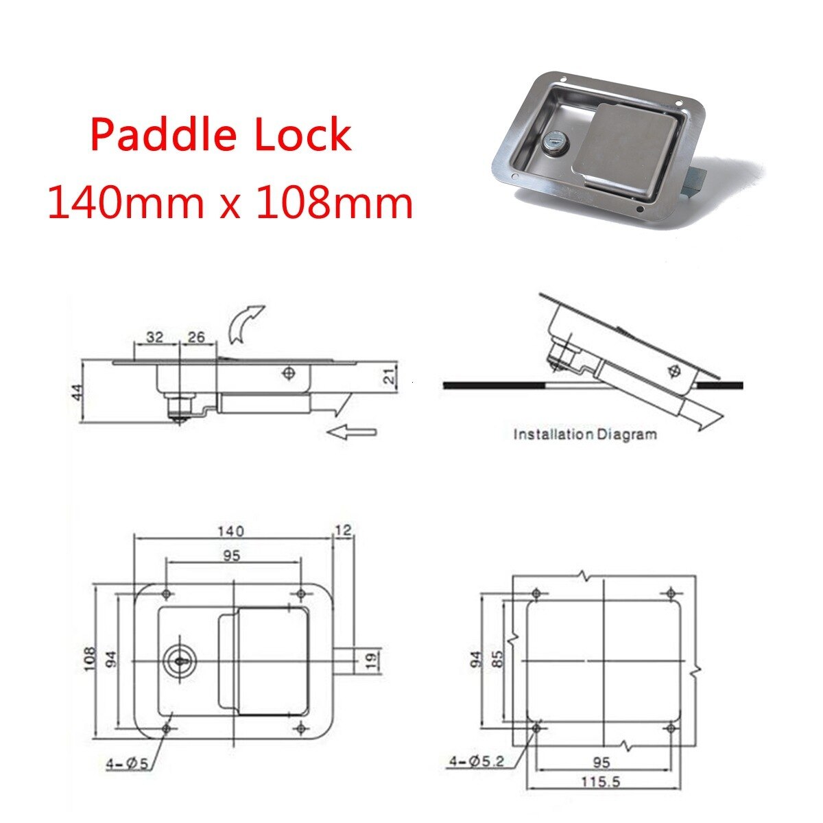 Stainless Steel Paddle Latch 140MMx108MM with 2 Keys for Tool Box Lock Trailer Caravan Truck Stainless Steel Tear Latch