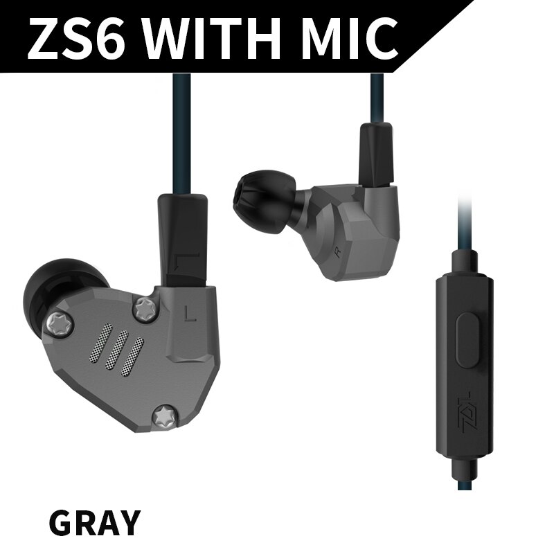 Kz zs6 2dd + 2ba alta fidelidade baixo fone de ouvido esporte in-ear fone de ouvido dinâmico motorista cancelamento de ruído fone de ouvido cabo de substituição as10 as10: grey with mic