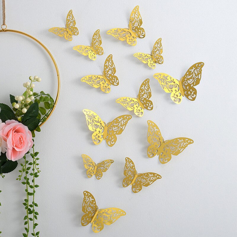 Autocollants muraux papillons en cristal effet 3D, 12 pièces/lot, beaux autocollants muraux pour chambre d'enfants, décoration de la maison: Gold 2
