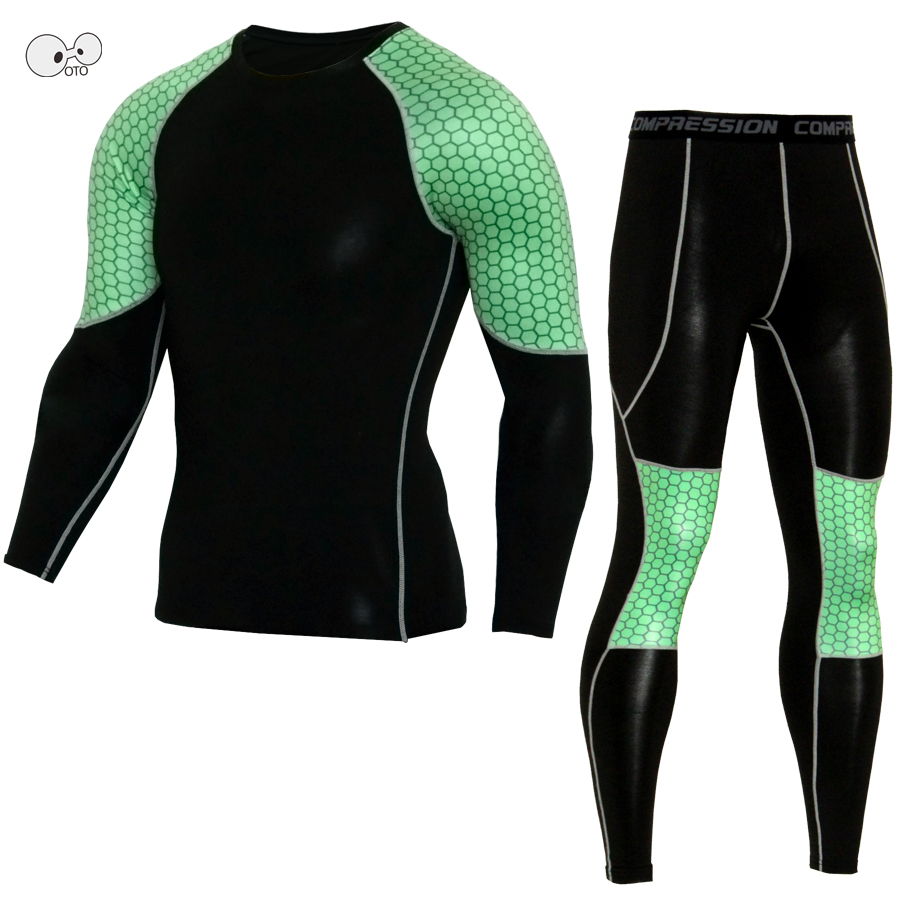 Lange Mouwen T-shirt Strakke Broek Fitness Sets Mannen Snel Droog Patchwork Mma Crossfit Compressie Shirts Leggings Base Layer