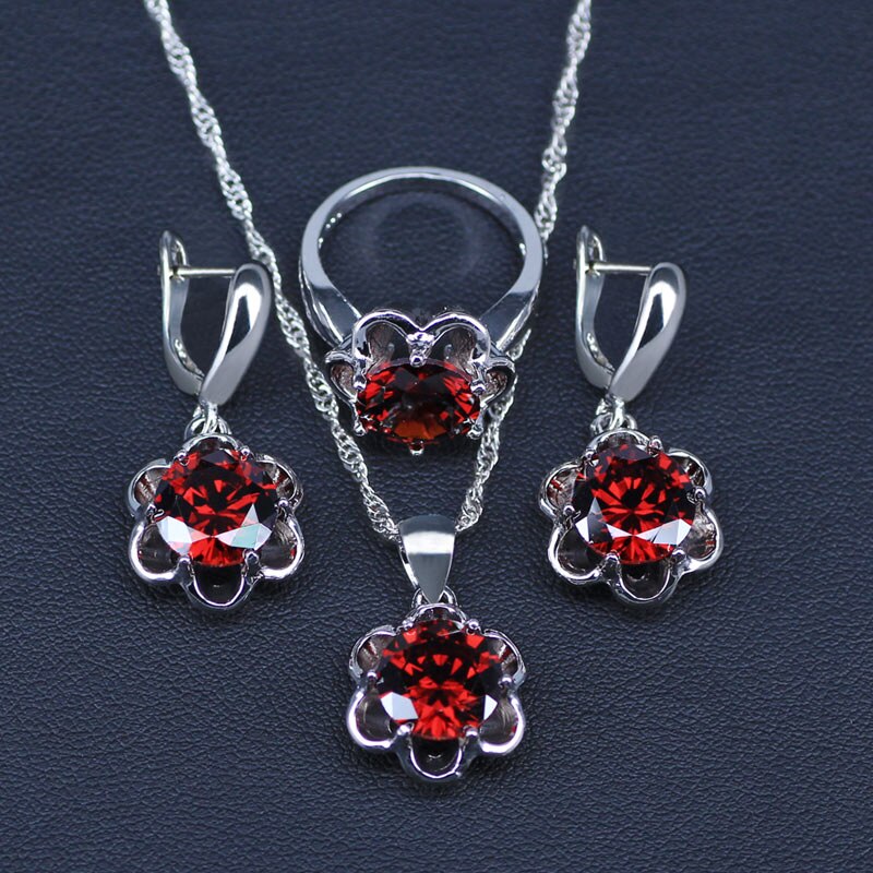 Bloemblauwe zirkoon bruids zilverkleurige sieraden sets dames hanger & ketting ring oorbellen met natuurlijke stenen sieradendoos: Rood / 7