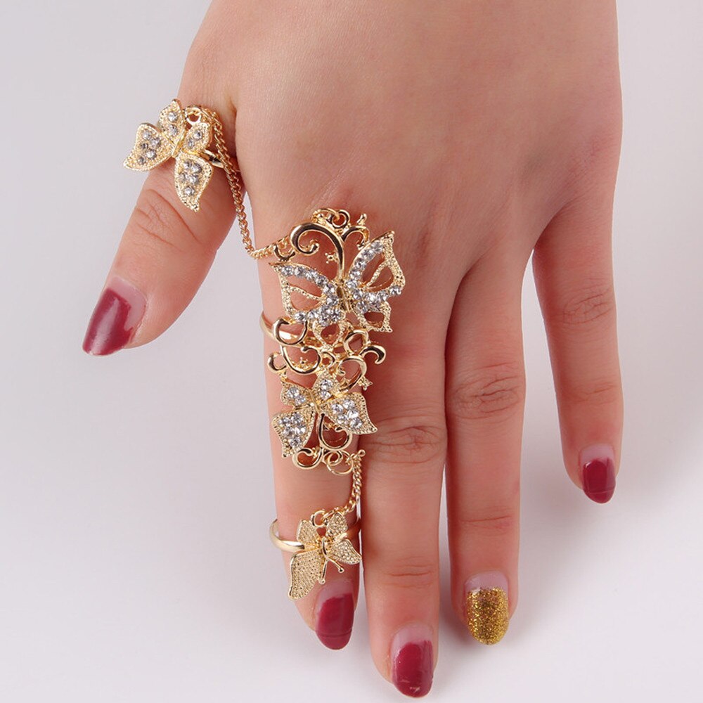 1Pc Rhinestone Bloem Vlinder Volledige Vinger Ring Goud Chian Link Dubbele Ring