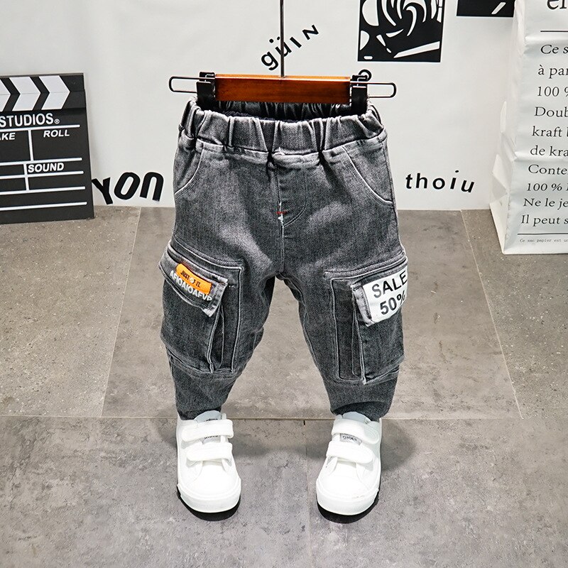 Pojkesjeans för pojke lapptäcke pojkesjeans avslappnade lastbyxor barnjeansbyxor skolavår höstkläder för pojkar arbets jeans
