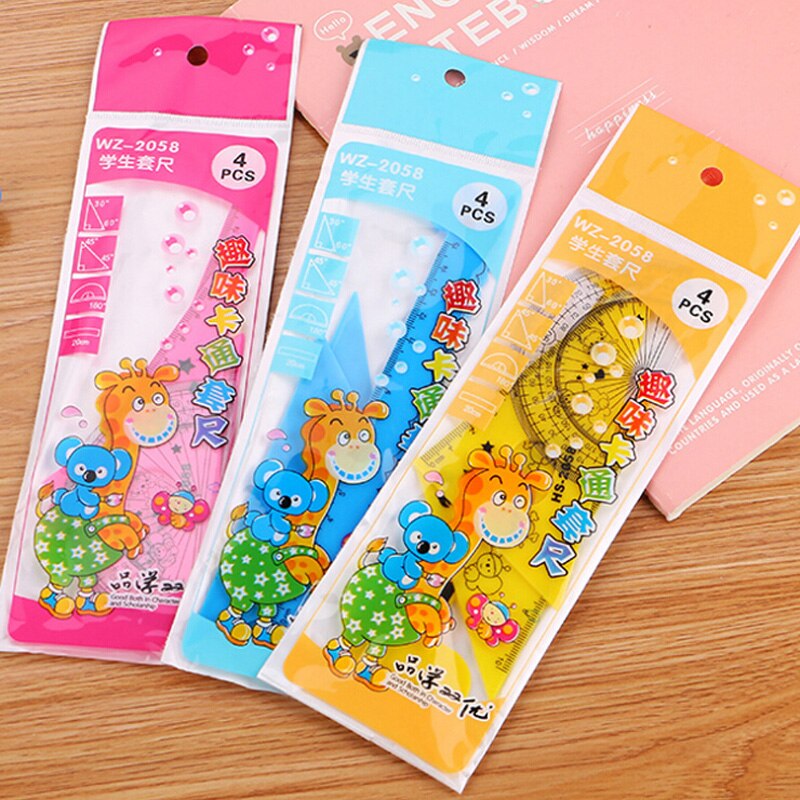 1 Set Student Ruler 4pcs Cute Cartoon 3 Colors Giraffe Animal Students' Ruler Meter Ruler Triangle Ruler