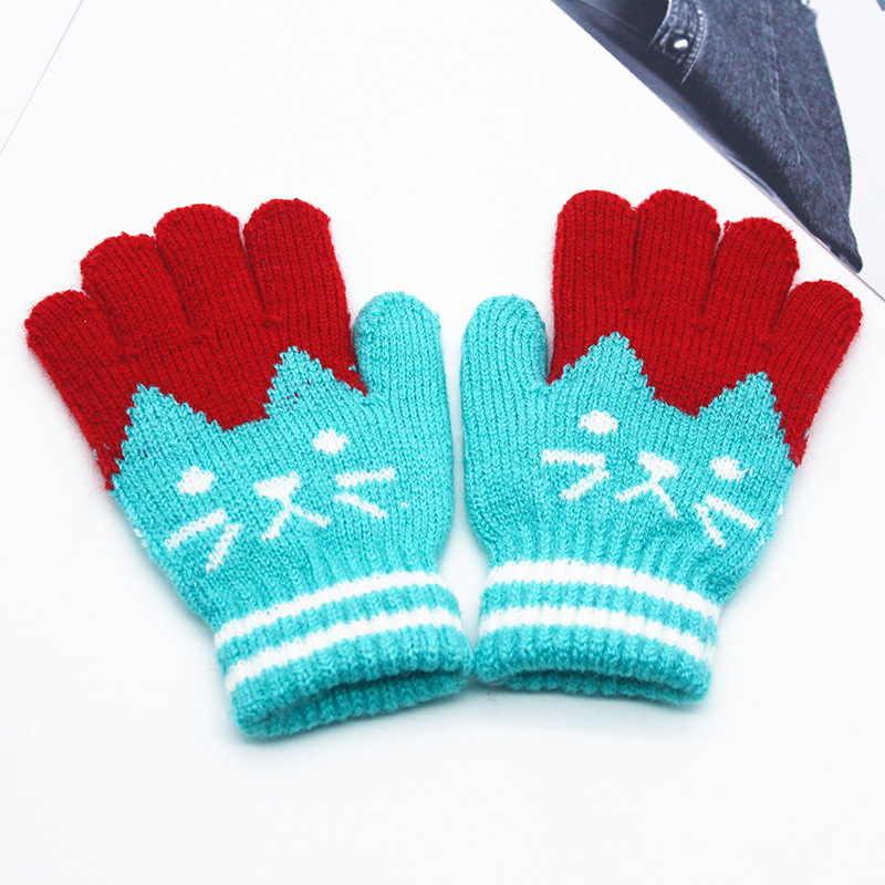 Wecute Kinderen Winter Warme Handschoenen Voor 4-10years Kids Cartoon Kat Handschoenen Vijf Vinger Kasjmier Gebreide Handschoenen Soft Fietsen: green