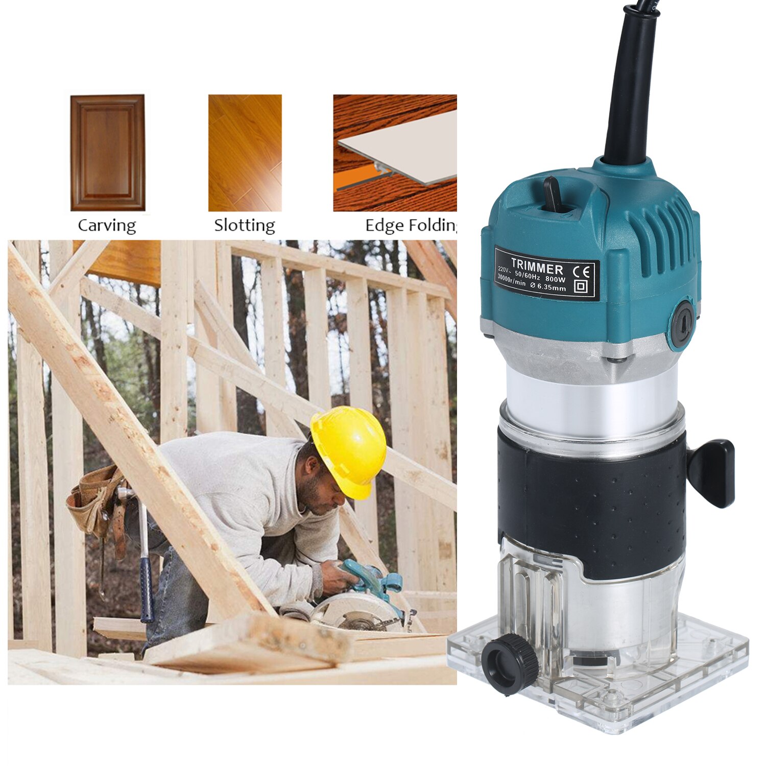 800W Trimmer Router 30000r/min Electric Trimmer Compact Router with Transparent Edge Wood Laminate for Woodworking Trimming