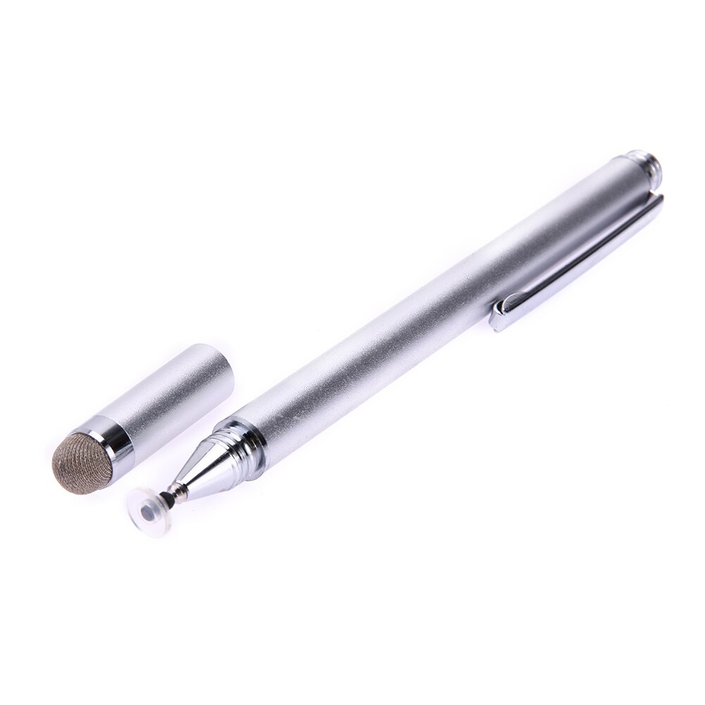 2 in 1 kapacitiv pen touch screen tegnepen stylus med ledende touch suger mikrofiber touch hoved til tablet pc: Sølv