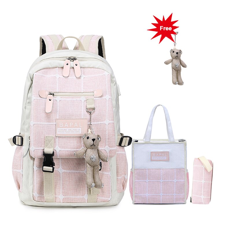 Grote rugzak voor dames van canvas, 15.6 inch, voor de middelbare school, met usb-oplaadpoort, lichtgewicht reistas voor dames: Lichtroze set