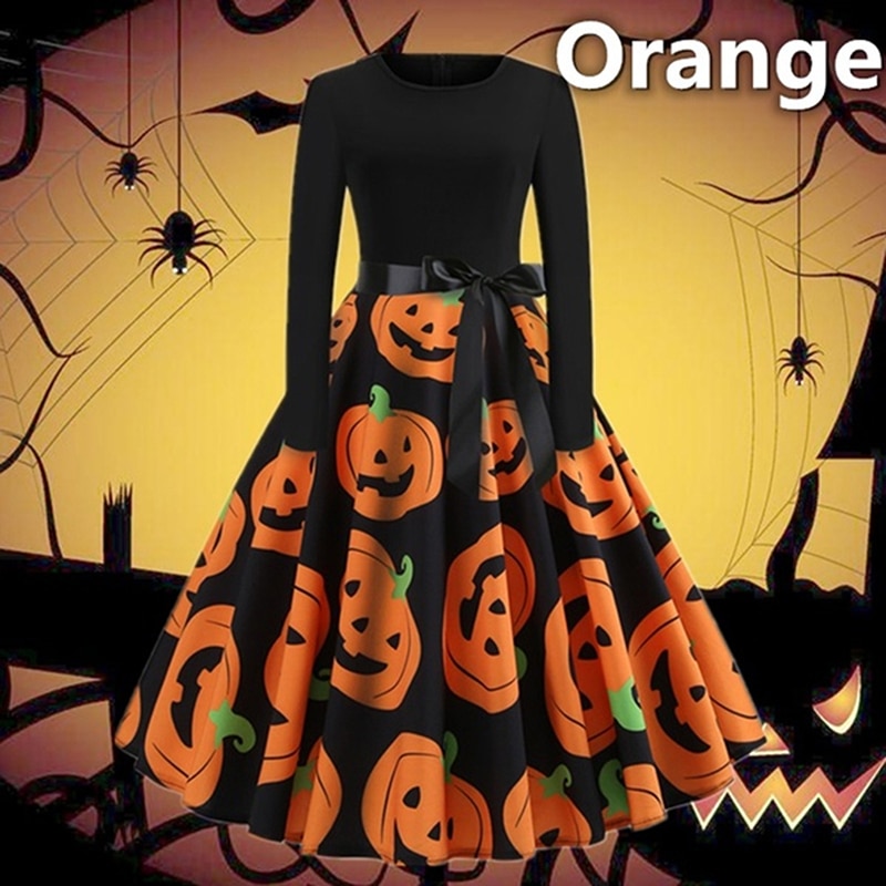 Fancy Pumpkin Printed Halloween Dress Long Sleeve Mid Length Princess Swing Dress Ladies Costume for Festival Party S-XXL