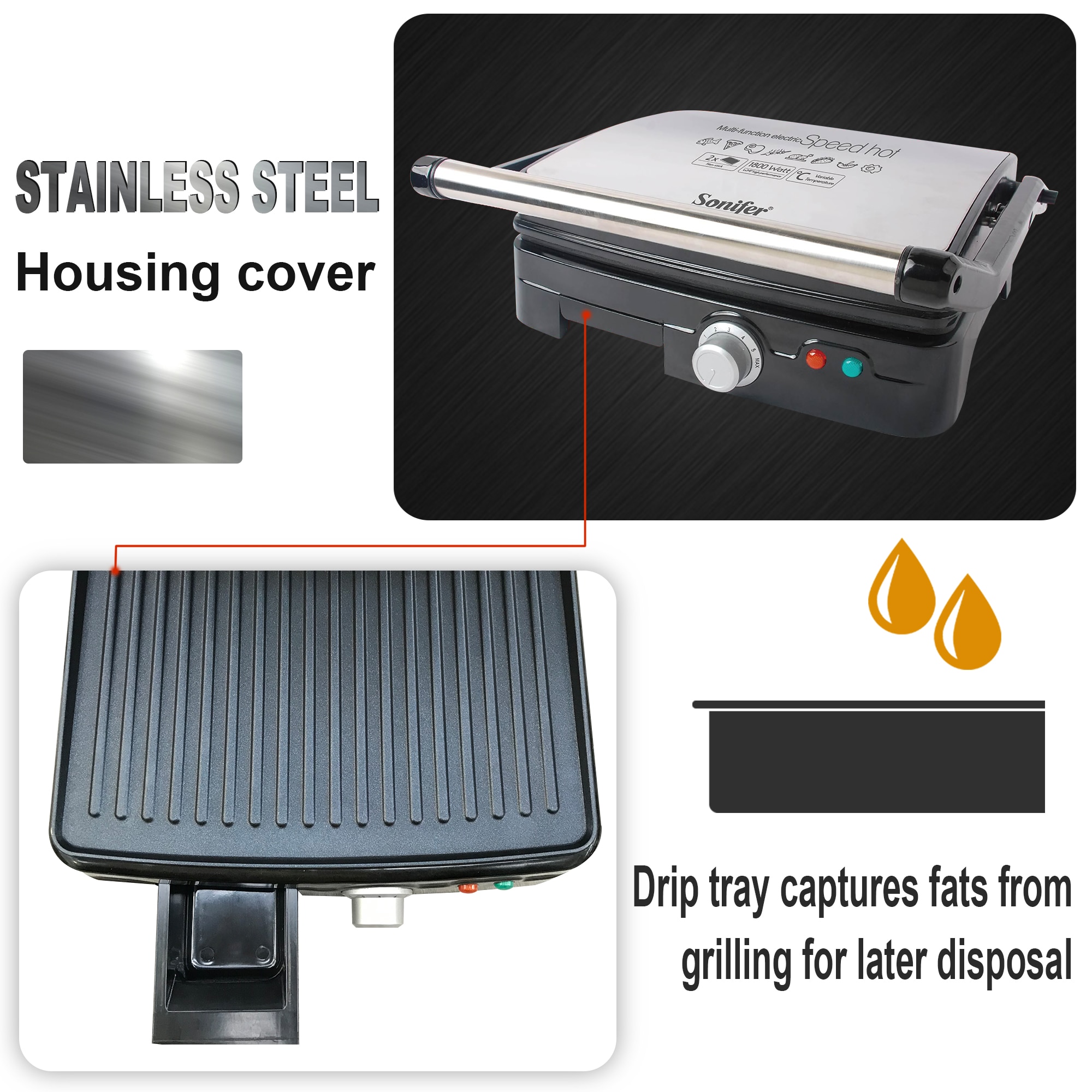 1800W BBQ Grill Kitchen Appliances Barbecue Machine Grill Electric Hotplate Smokeless Grilled Meat Pan 180° Opening Sonifer