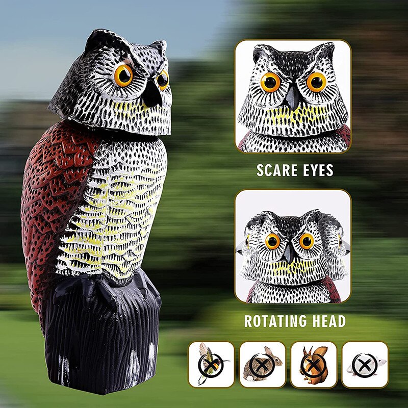 Señuelo de búho para ahuyentar a los pájaros, espantapájaros de plástico con cabeza giratoria y sonido, repelente de aves para jardín y patio al aire libre