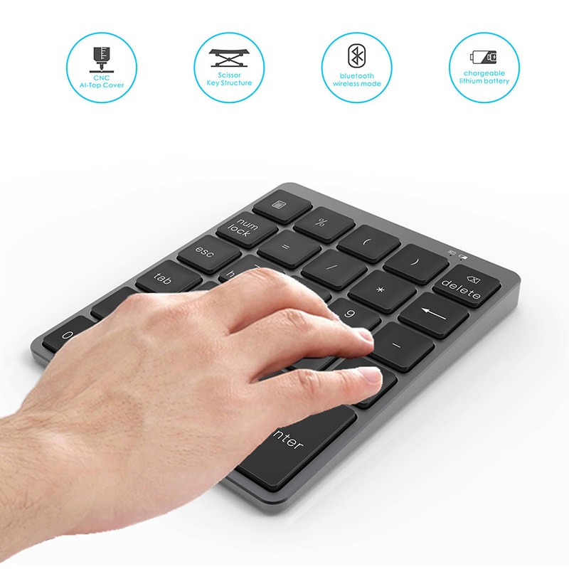 Rechargeable 28 Keys Bluetooth Wireless Numeric Keypad Mini Numpad Alloy Ultra-thin Wireless Keyboard