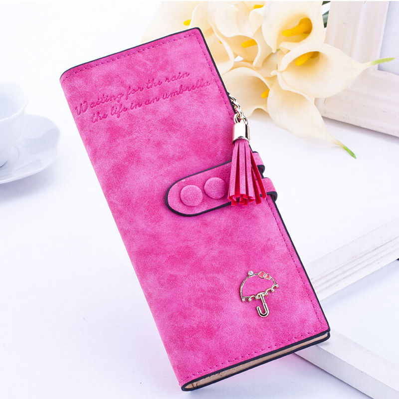 Womens Lady PU Leather Card Holder Long Wallet Clutch Checkbook Zip Frosted Tassel Button Letter Umbrella Scrub Textured Purse: Rose