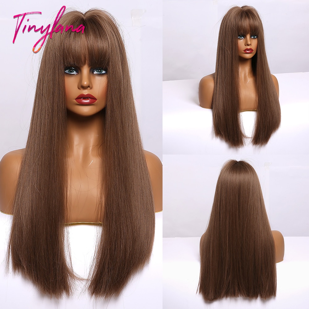 sehr klein LANA Synthetische Haar Perücken mit Pony Lange Gerade Dunkelbraun Perücken für Frauen afro Hohe Temperatur Faser Cosplay Partei perücken