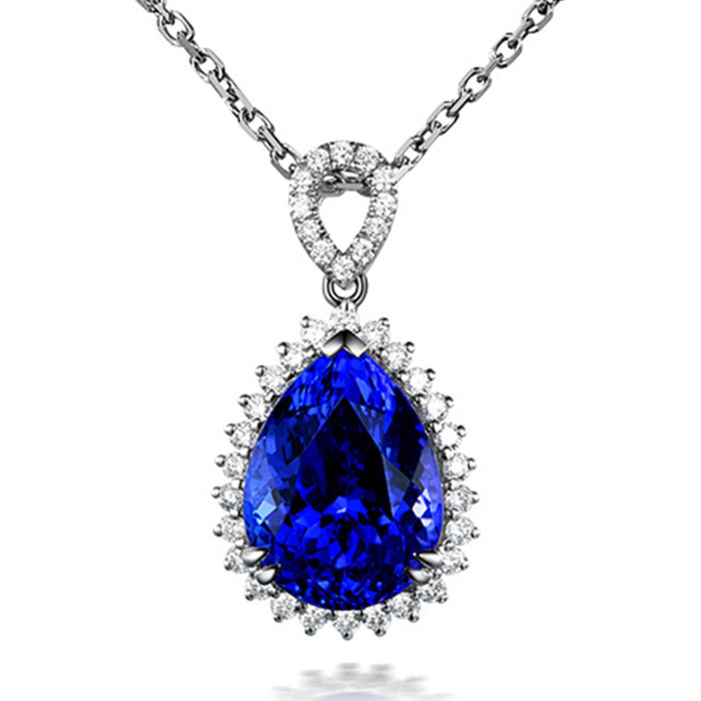 Big Blue sapphire anhänger halskette frauen kristall zirkon diamanten edelstein weiß gold braut fest schmuck-party Weihnachten