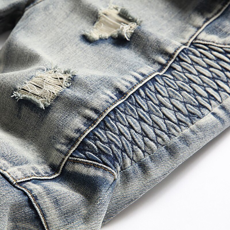 Men Vintage Biker Jeans Streetwear Holes Ripped Distressed Denim Pants Slim Straight Trousers