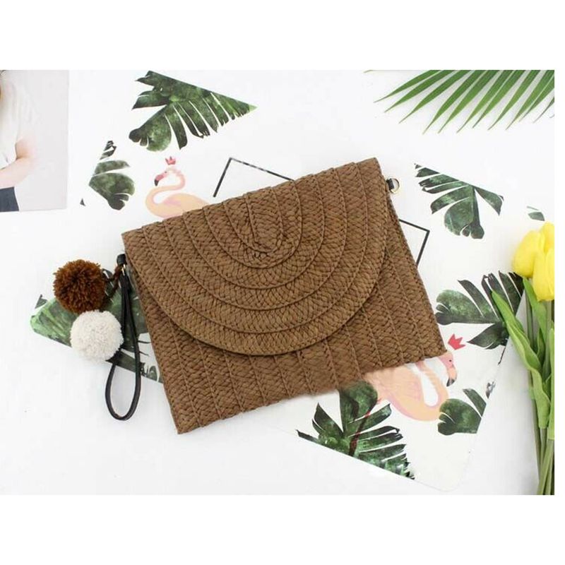 Bolso de mano de mimbre para mujer, pequeño, tejido de paja, playa estilo Bohemia, bolso circular, bolso bohemio: Café