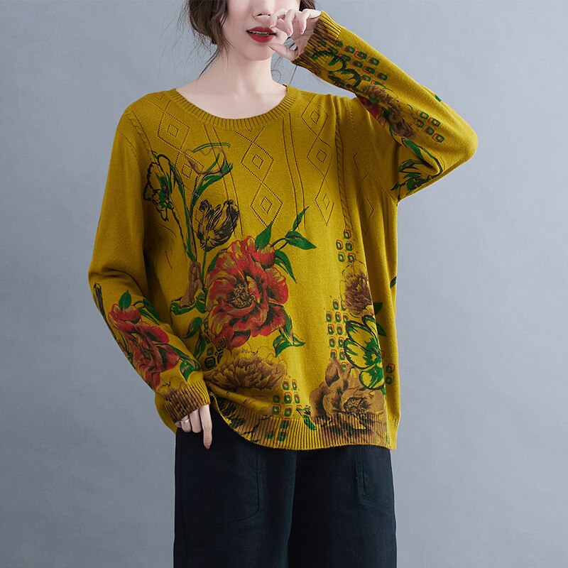 Suéteres de punto para mujer, ropa de manga larga con cuello redondo, estampado de Nuevas flores a la , talla grande, primavera y otoño