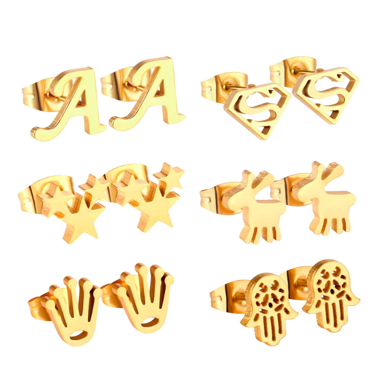 LUXUSTEEL Earring Sets 6 Pairs Gold Color Letter/Star/Hand/Animals Shape Stud Earring Sets For Women/Girl Female: gold