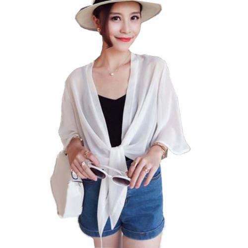 Mujer frente abierto 3/4 manga Anti-UV overup blusa Tops cuello pico de manga larga chaqueta con capucha abrigos mujeres delgada suelta Tops prendas de vestir: Blanco