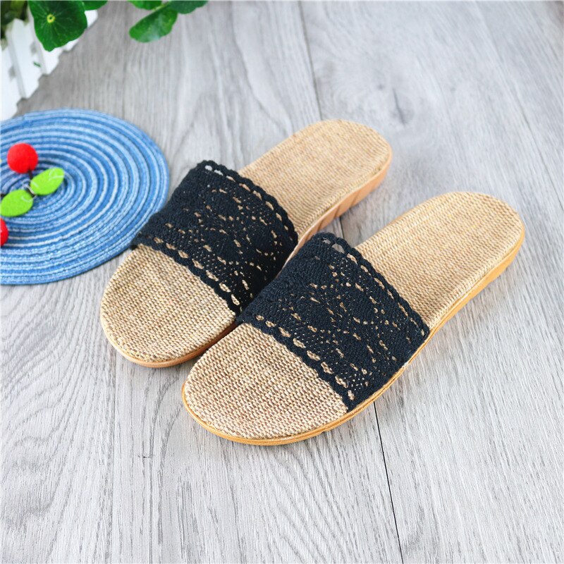 Suihyung mulher chinelos de linho 2021 novo verão cinto de renda sapatos interiores macio antiderrapante flip flops senhoras casual slides sandálias de linho: Preto / 7 (37-38)
