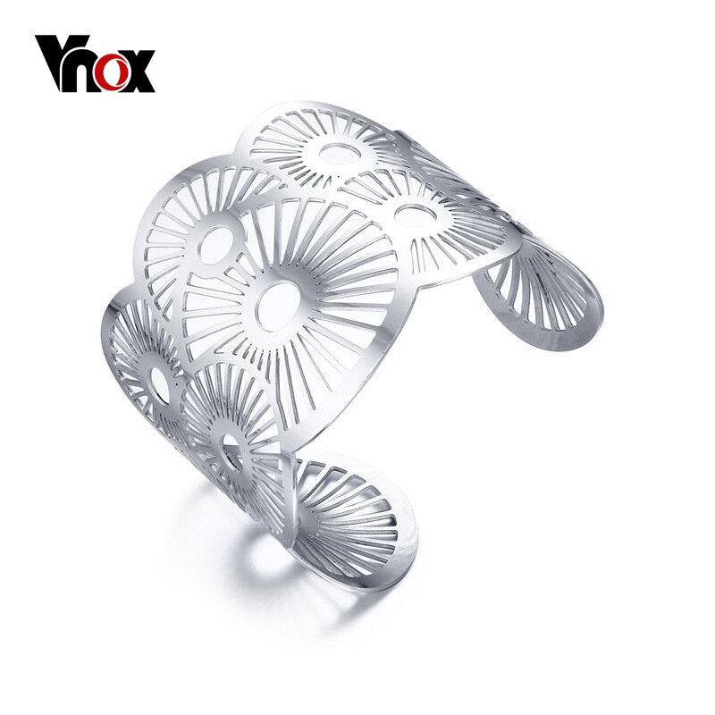 Vnox Stylish Wide Cuff Bracelet Hollow Bracelets & Bangles Classic Women Jewelry Accessories Silver Color Dia 6cm: Default Title