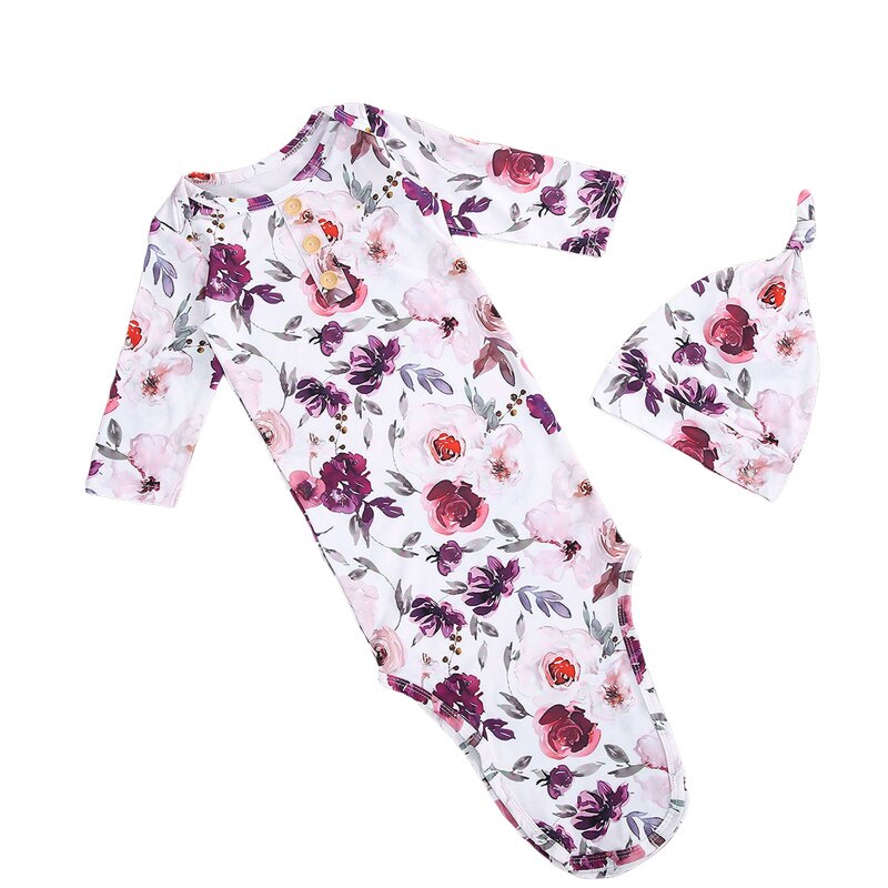 Pudcoco 2 Pcs Baby Sleepbag Hat Floral Printed Full Length Regular Sleeve Round Neck Button Decorated Sleepwear Clothes