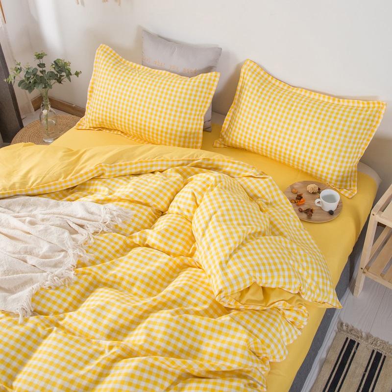 Japanse beddengoedset 220 x 240 dekbedovertrek met kussensloop , 210 x 210 dekbedovertrekken, gele geruite dekenhoes, kingsize bedset