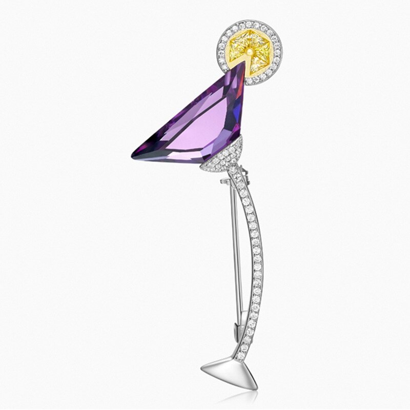 Cute Cocktail Brooch 925 Sterling Silver Zircon Colorful Stone Cocktail Lemon Women Wedding Brooch Pin Jewelry: Light Yellow Gold Color