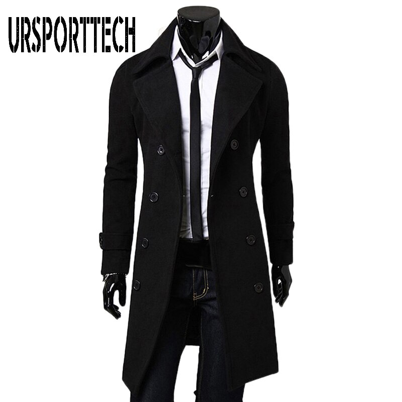 URSPORTTECH-abrigo de lana a la para hombre, gabardina larga cálida de color sólido, abrigo de lana informal de negocios con botonadura: Black / XXXL