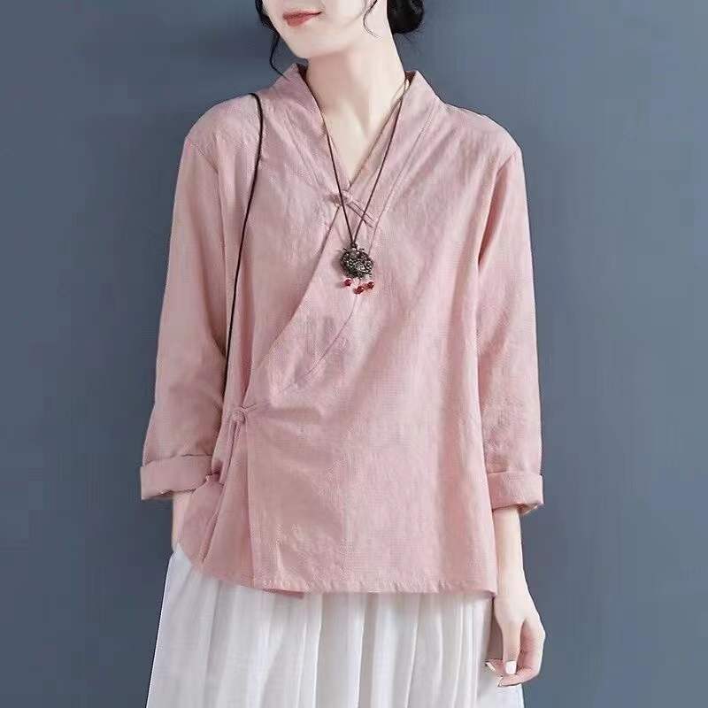 Qipao Retro de estilo chino tradicional para mujer, Tops informales de algodón y lino, cárdigan Hanfu Zen Tea, Kung Fu, Tai Chi, ropa Oriental: pink / XXL