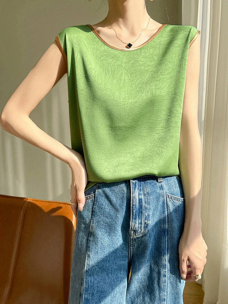 Women Summer Artificial Silk Satin Embossing Flower Thin O-neck Tank Top Gold Collar Hem Smooth Camisole Basic Model Silky Camis